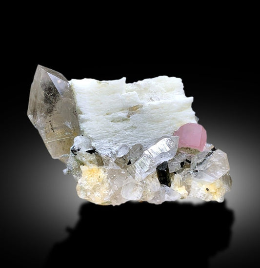 Natural Pink Color Apatite with Smoky Quartz, Black Tourmalines and Feldspar, Mineral Specimen, Raw Mineral, Apatite Specimen - 762 gram