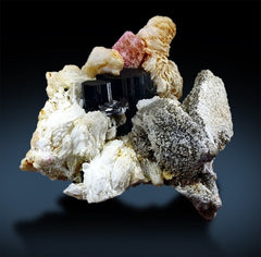 Pink Apatite Crystals with Tantalite , Schorl and Albite Mineral Specimen from Skardu Pakistan - 181 g , 63*57mm