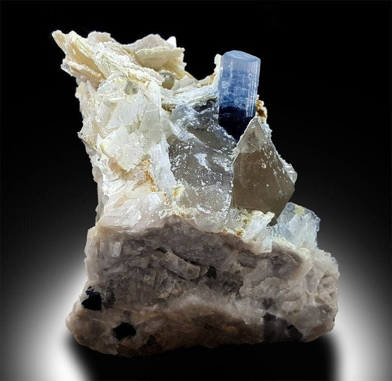 Blue Cap Tourmaline with Smoky Quartz , Cleavlandite Albite Specimen, Tourmaline Crystal, Tourmaline Specimen From Paproke 493 g