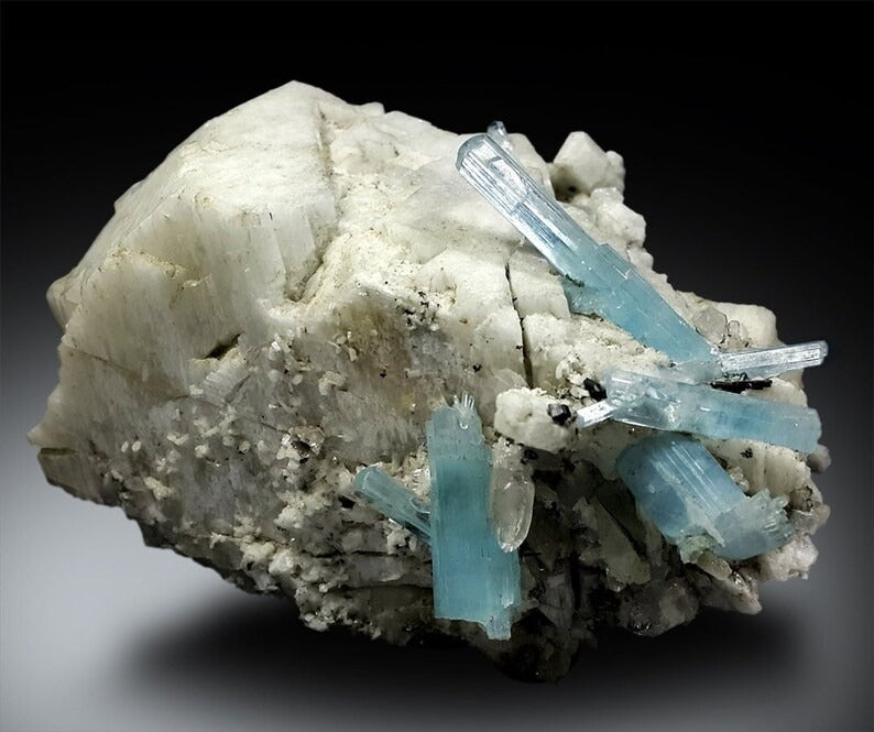 Aquamarine Crystals with Schorl on Feldspar, Aquamarine Specimen, Aquamarine Cluster, Tourmaline Crystals, Mineral Specimen, 766g