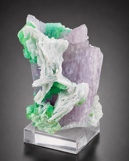 Natural Pink Kunzite with Green Tourmalines and Clevelandite Albite Specimen with Custom Base, 567 gram
