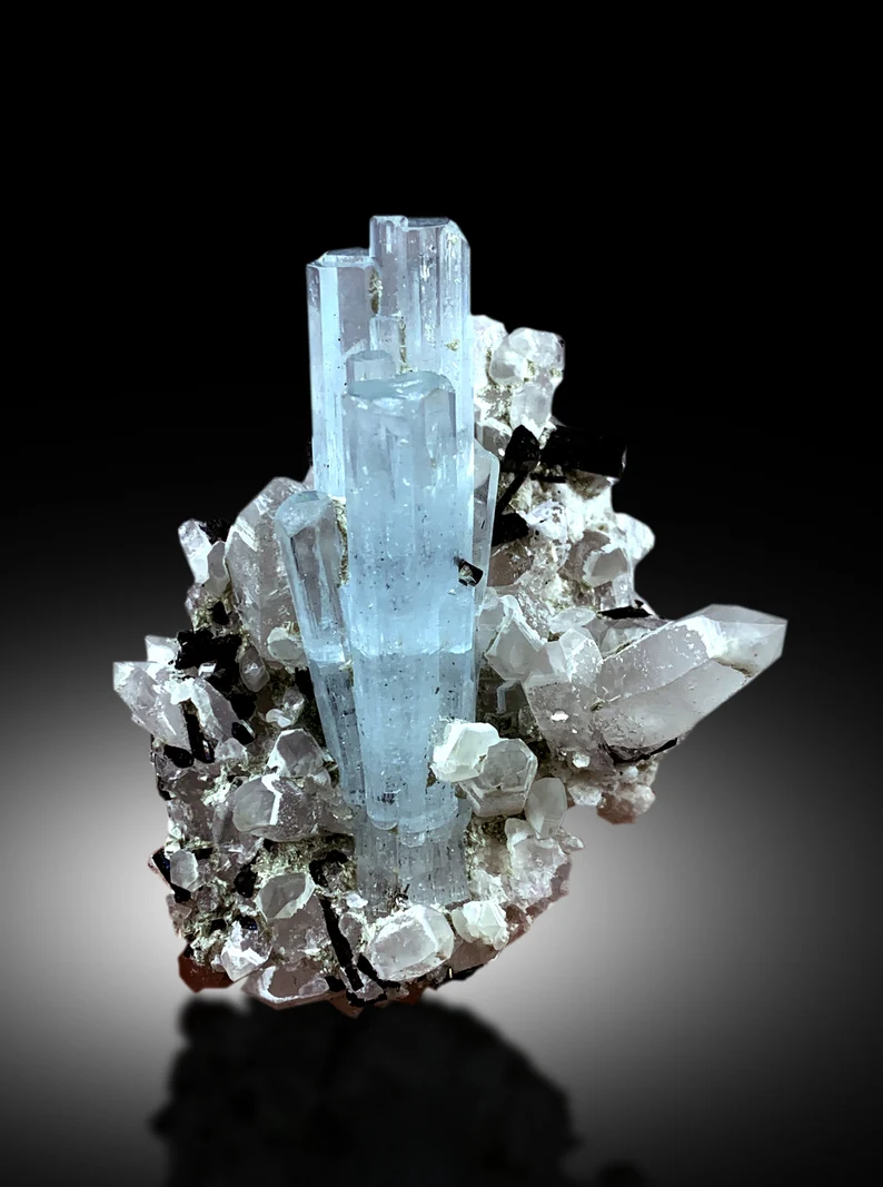 Blue Aquamarine Crystals with Schorl Tourmalines and Quartz, Aquamarine Specimen from Shigar valley Skardu Pakistan - 60 gram