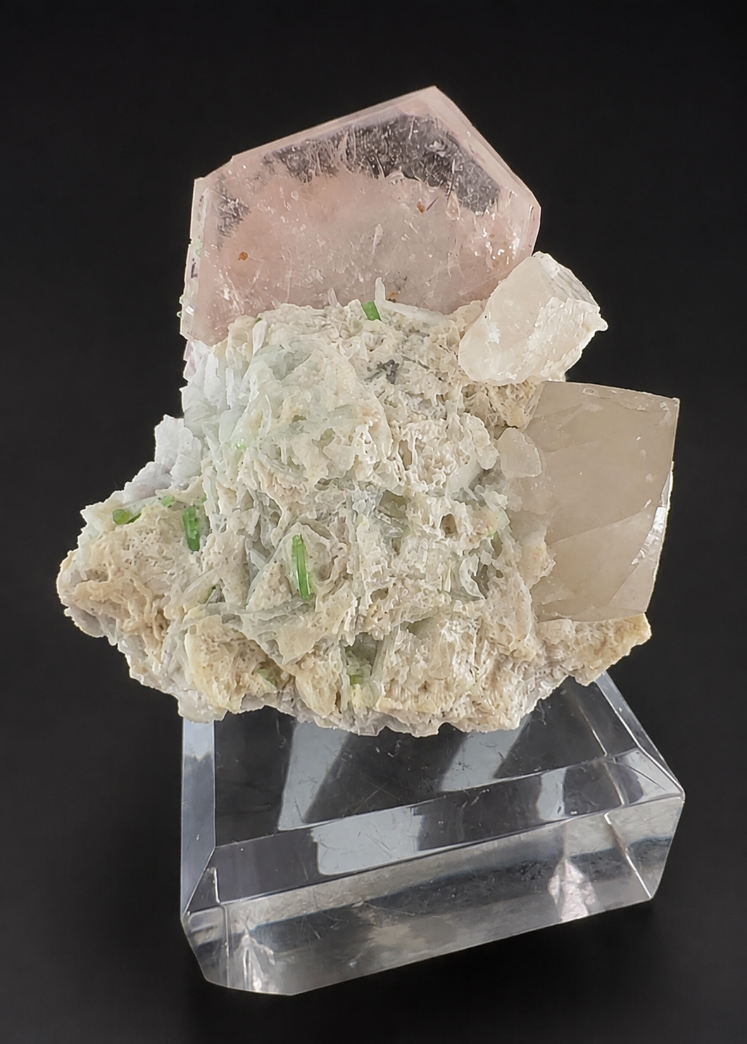 Natural Morganite Crystal with Green Tourmalines, Quartz, Albite and Microlite from Afghanistan