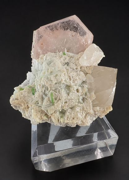 Natural Morganite Crystal with Green Tourmalines, Quartz, Albite and Microlite from Afghanistan