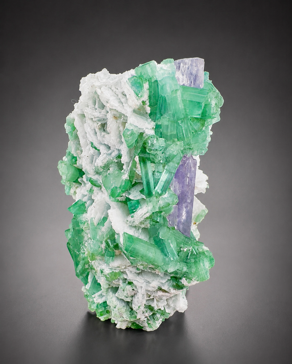Natural Pink Kunzite with Green Tourmalines and Clevelandite Albite Specimen with Custom Base, 567 gram