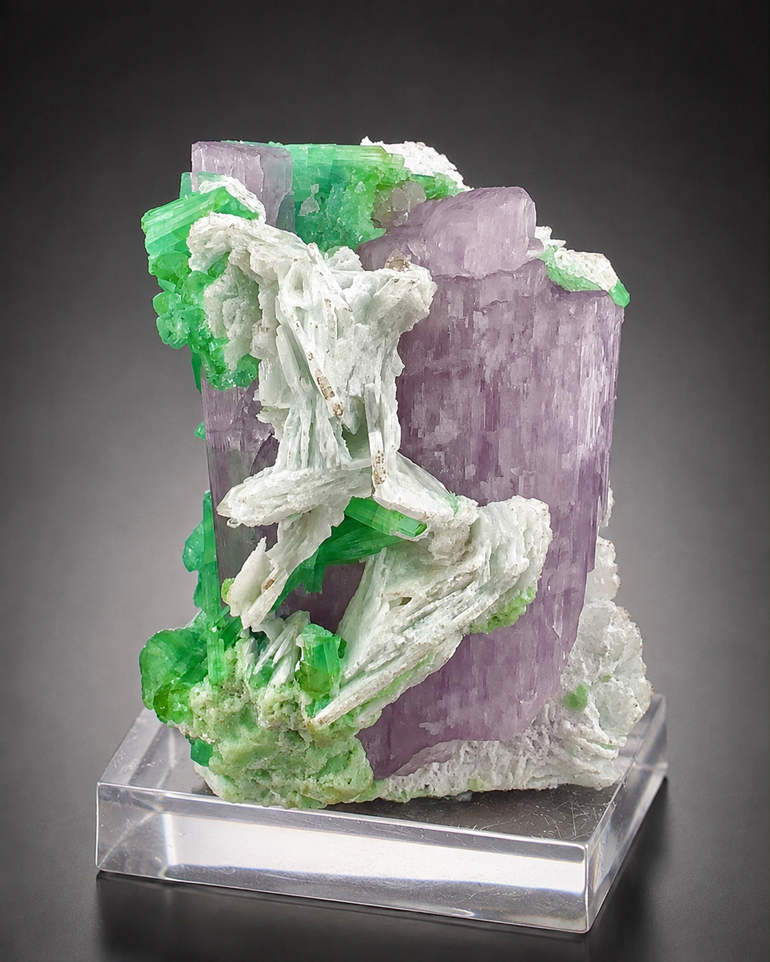 Natural Pink Kunzite with Green Tourmalines and Clevelandite Albite Specimen with Custom Base, 567 gram