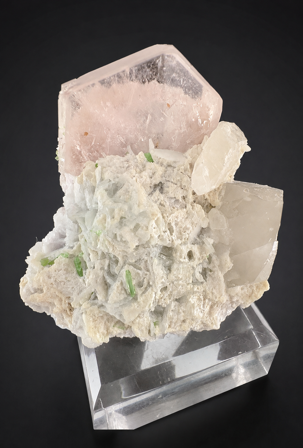 Natural Morganite Crystal with Green Tourmalines, Quartz, Albite and Microlite from Afghanistan