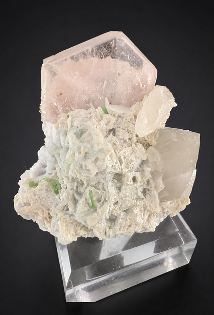 Natural Morganite Crystal with Green Tourmalines, Quartz, Albite and Microlite from Afghanistan