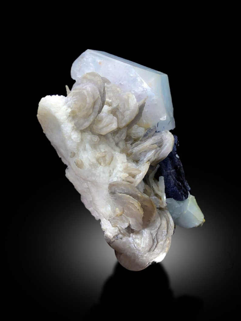 Beryl Aqua Morganite with Schorl and Lepidolite Specimen, 553 gram