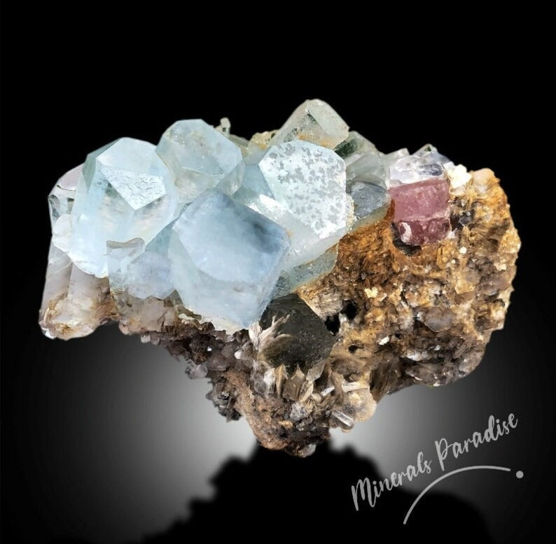 Aquamarine Crystals Cluster with Pink Apatite and Muscovite Mica Mineral Specimen from Chumar Bakhoor - 208 g