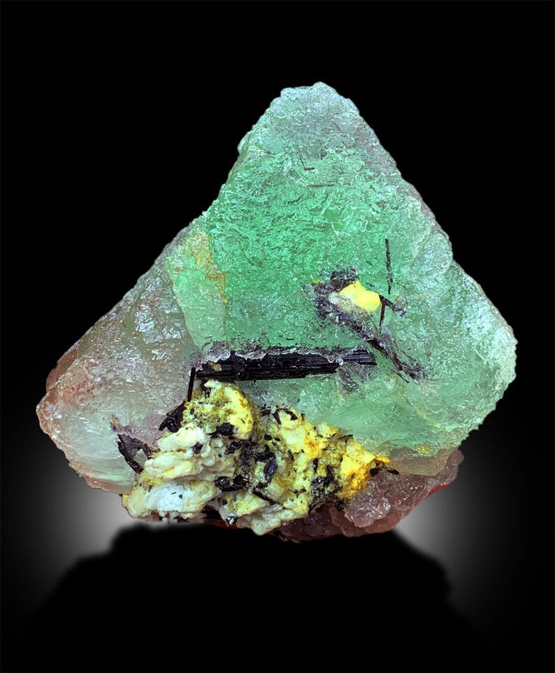 Bicolor Fluorite with Tourmaline Crystals, Pink Fluorite Specimen, Green Fluorite stone, Mineral Specimen, Schorl Crystals, 771g