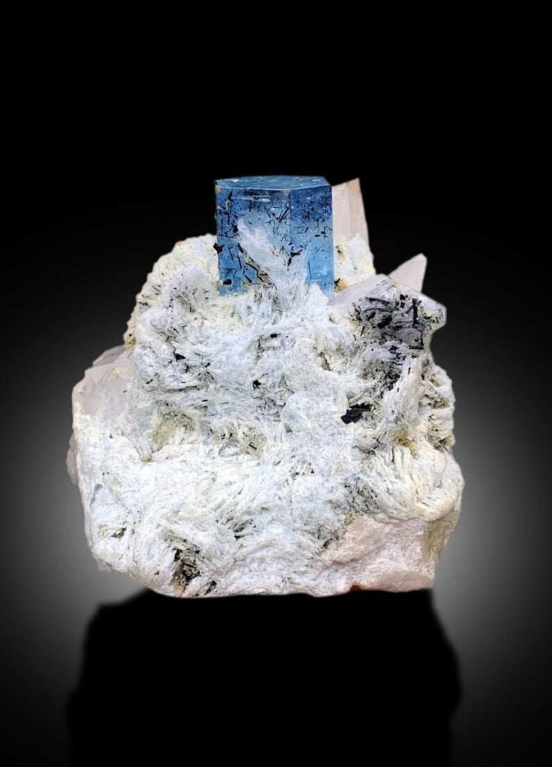 Natural Deep Blue Aquamarine Crystal with Schorl, Albite and Quartz Mineral Specimen from Haramosh Skardu Pakistan - 406 gram