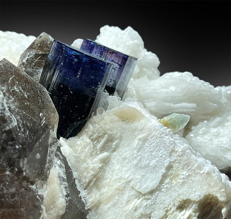 Blue Cap Tourmaline Crystals with Herderite , Albite , Smoky Quartz and Feldspar Specimen from Paproke Afghanistan - 808 g, 110*80*70 mm