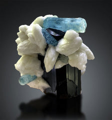 Aquamarine Crystals on Black Tourmaline Schorl and Albite from Afghanistan - 225 g , 70*55*52 mm