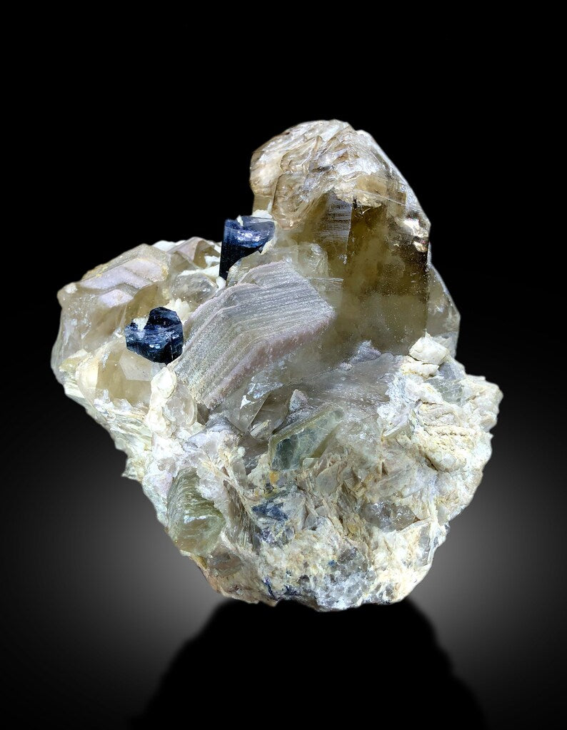 Natural Blue Cap Tourmaline Crystals with Smoky Quartz, Cleavelandite Albite and Mica, Tourmaline from Paproke Afghanistan - 2934 gram