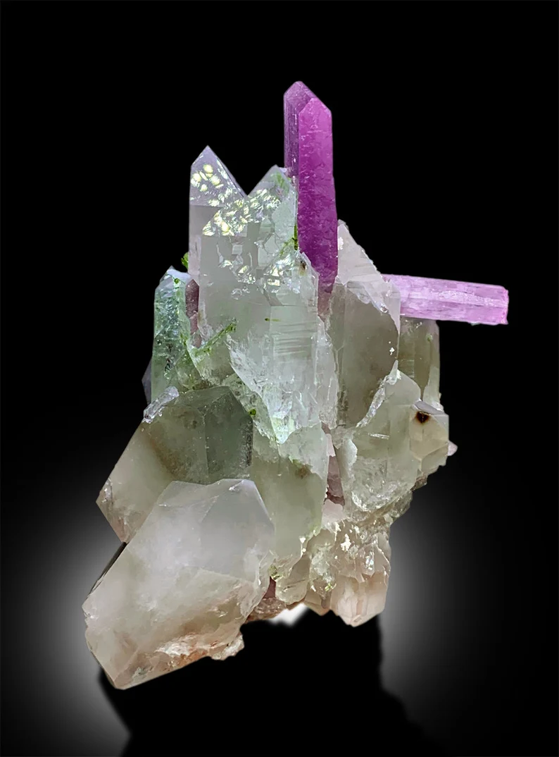 Pink Kunzite, Green Tourmalines, Quartz Crystals, Kunzite Specimen, Kunzite Tourmaline, Raw Kunzite, Kunzite with Tourmalines, 598g