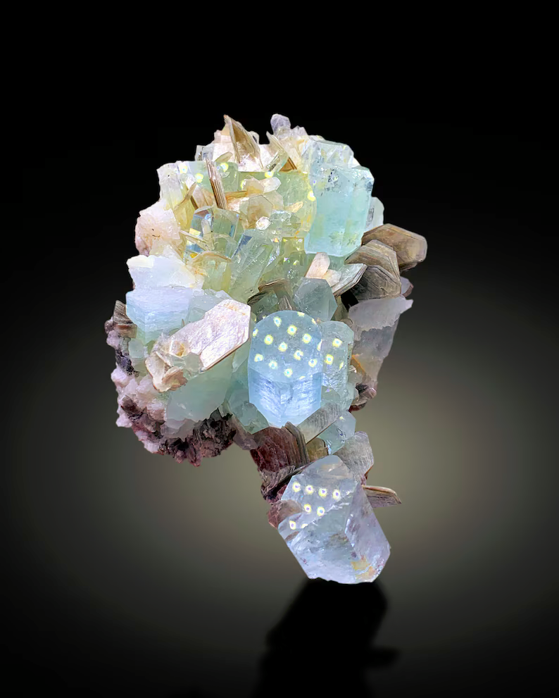 Natural Blue Color Aquamarine Cluster with Muscovite Mica, Aquamarine Bunch, Aquamarine from Nagar valley Gilgit Pakistan - 510 gram