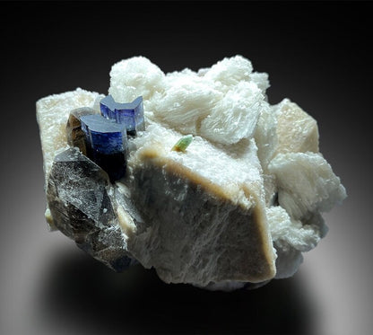 Blue Cap Tourmaline Crystals with Herderite , Albite , Smoky Quartz and Feldspar Specimen from Paproke Afghanistan - 808 g, 110*80*70 mm