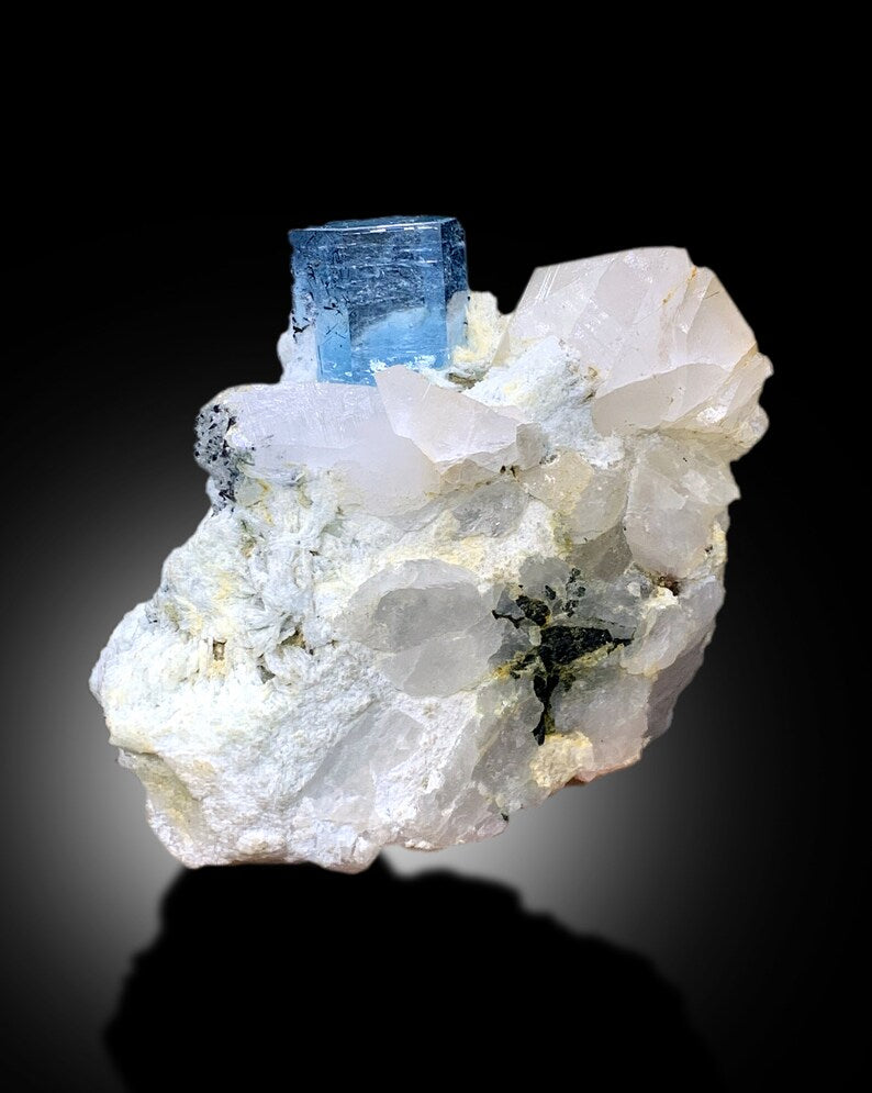 Natural Deep Blue Aquamarine Crystal with Schorl, Albite and Quartz Mineral Specimen from Haramosh Skardu Pakistan - 406 gram