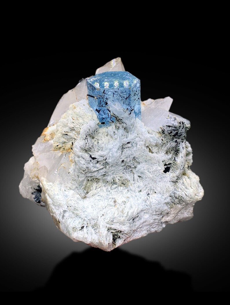 Natural Deep Blue Aquamarine Crystal with Schorl, Albite and Quartz Mineral Specimen from Haramosh Skardu Pakistan - 406 gram