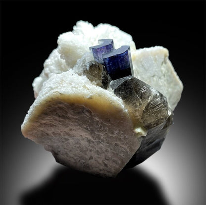 Blue Cap Tourmaline Crystals with Herderite , Albite , Smoky Quartz and Feldspar Specimen from Paproke Afghanistan - 808 g, 110*80*70 mm