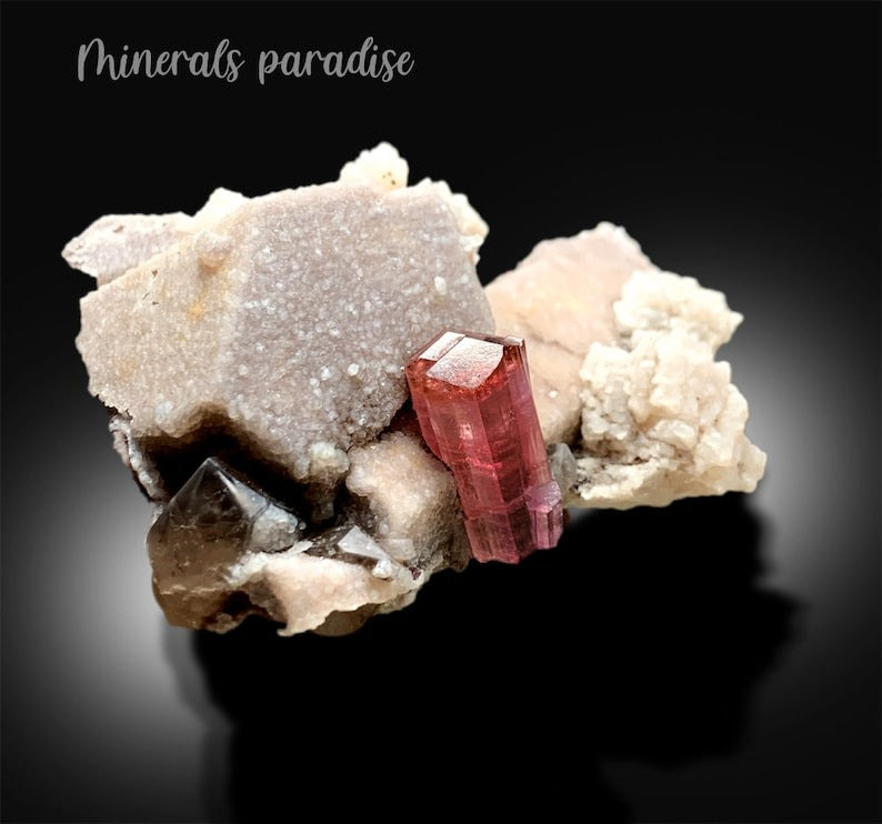 Rubelite Pink Tourmaline Crystal with Smoky Quartz and Feldspar, Tourmaline Specimen, Tourmaline for sale, Tourmaline from Paprok, 195 gram