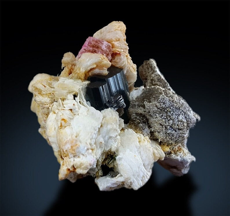 Pink Apatite Crystals with Tantalite , Schorl and Albite Mineral Specimen from Skardu Pakistan - 181 g , 63*57mm