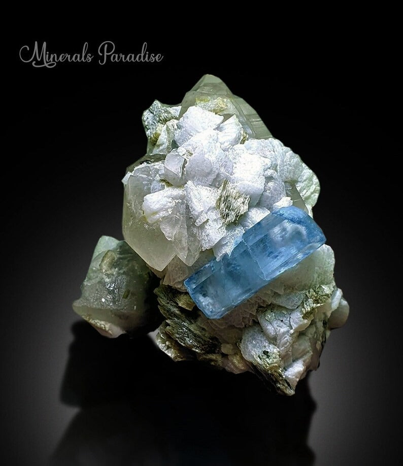 Blue Colour Aquamarine Crystal with Mica, Albite and Quartz, Aquamarine Crystal, Aquamarine Specimen, 718 Gram , 132*94 mm