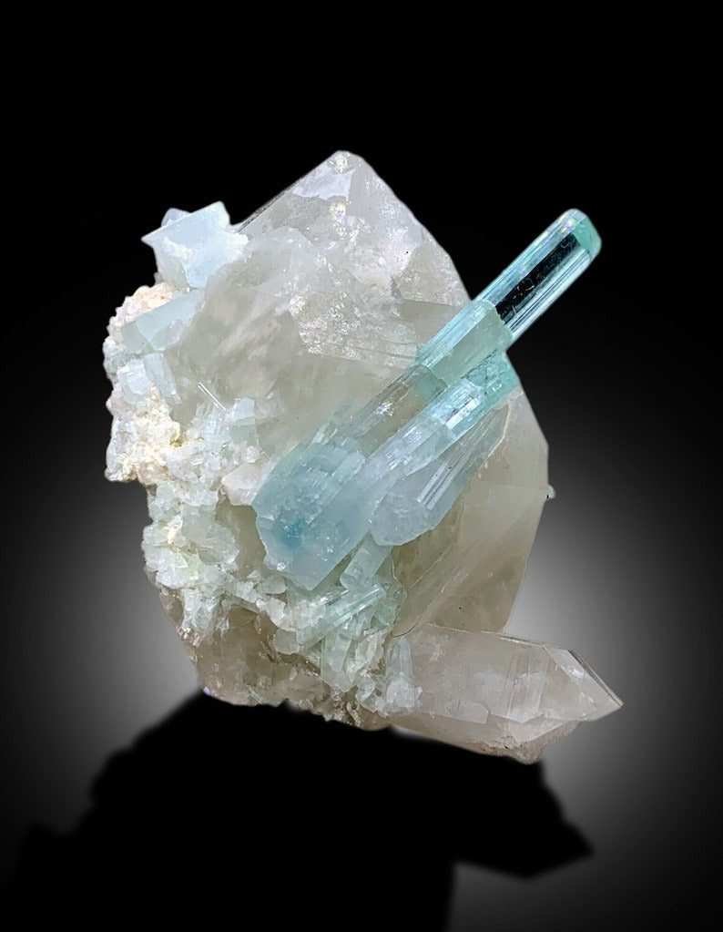Seafoam Color Tourmalines on Quartz Mineral Specimen from Afghanistan - 130 gram