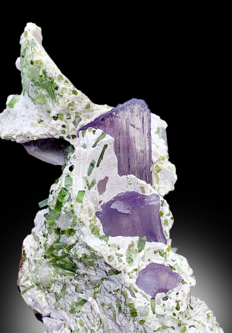 Pink Kunzite With Green Tourmline Crystals Cluster on Matrix Mineral Specimen From Afghanistan - 354 gram