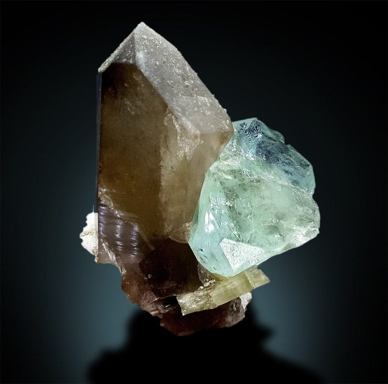 Aquamarine with Yellow Kunzite and Smoky Quartz Specimen, Natural Aquamarine, Aquamarine Specimen, Aquamarine with Quartz, 513 gram