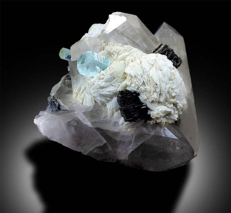 Aquamarine Crystals With Quartz, Natural Blue Aquamarine, Aquamarine Specimen, Aquamarine stone, Albite And Mica, Mineral Specimen, 1645 g