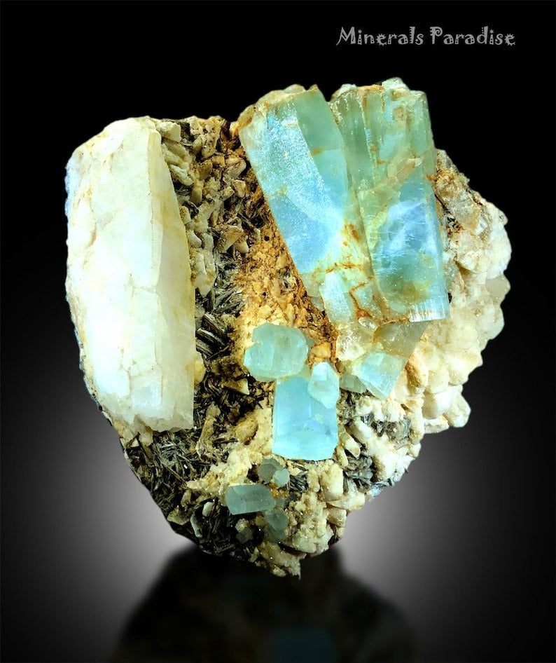 Natural Aquamarine Crystals with Mice and Albite, Aquamarine Cystals, Aquamarine Specimen, Mineral Specimen, Chumar Bakhoor, 1921 Gram