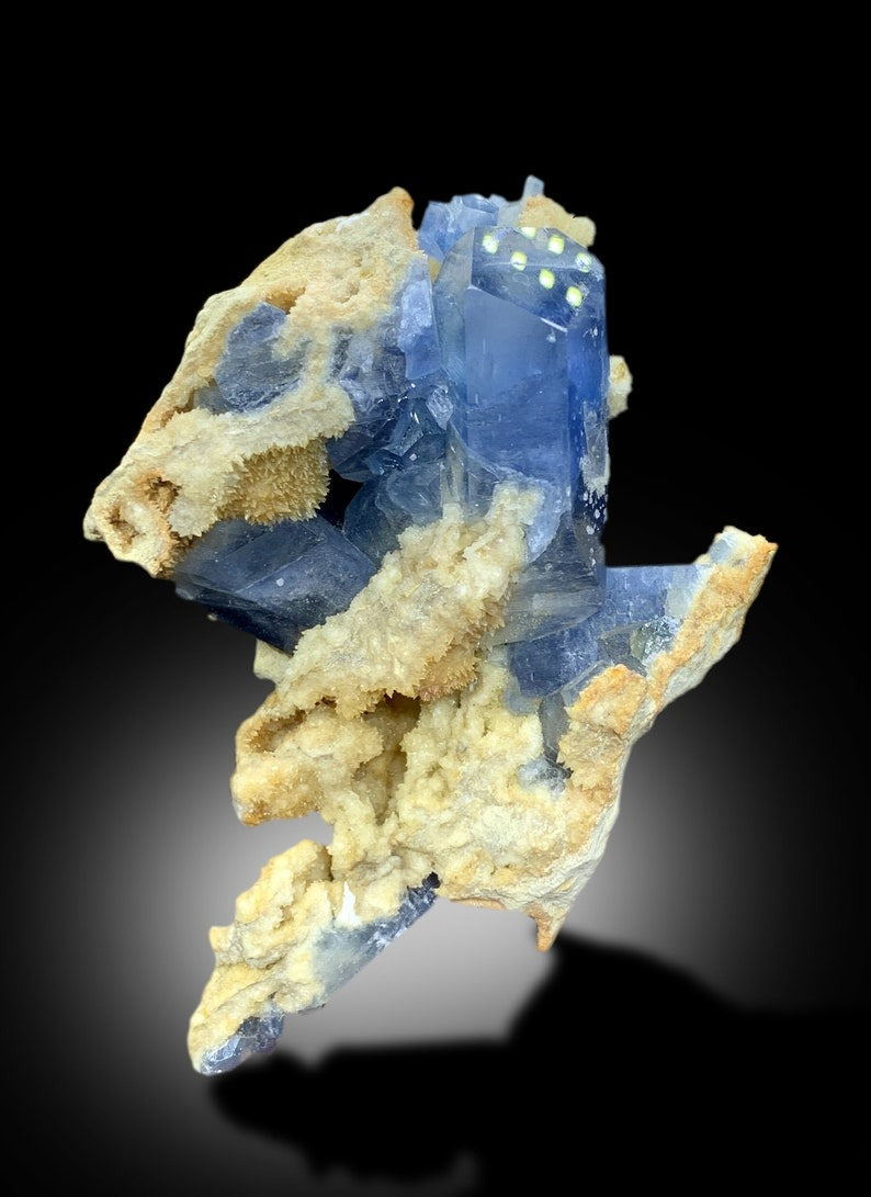 Natural Blue Celestine Crystals with Yellow Calcite Mineral Specimen from Baghdis, Afghanistan - 375 gram