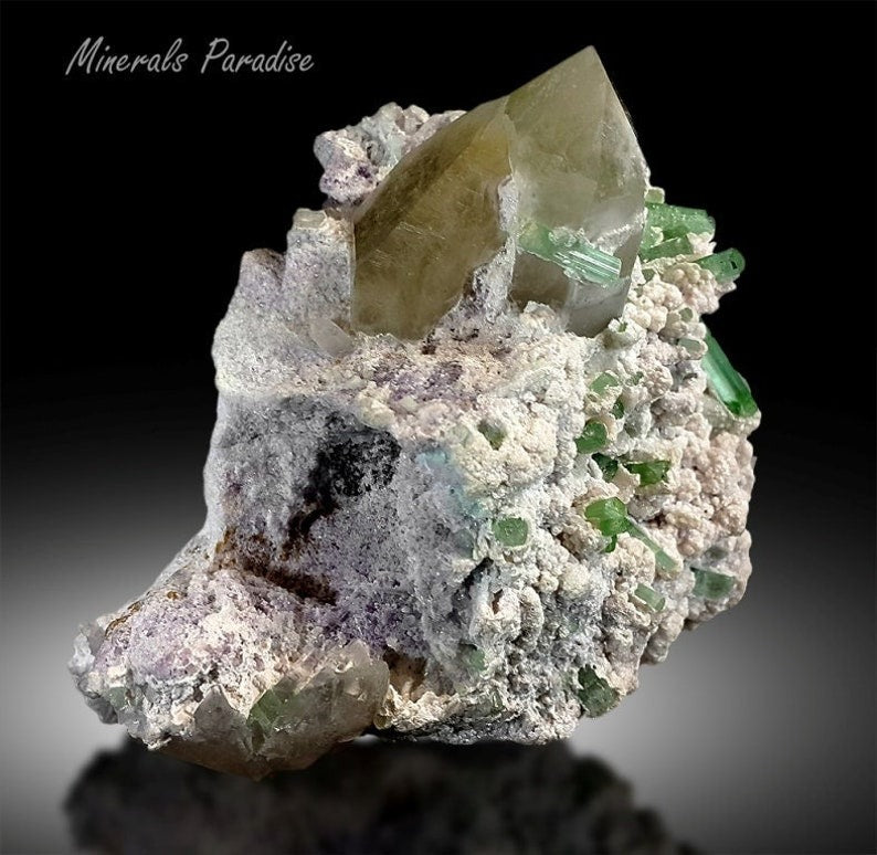 Pollucite with Green Tourmaline Crystals and Quartz Specimen from Afghanistan - 669 Gram