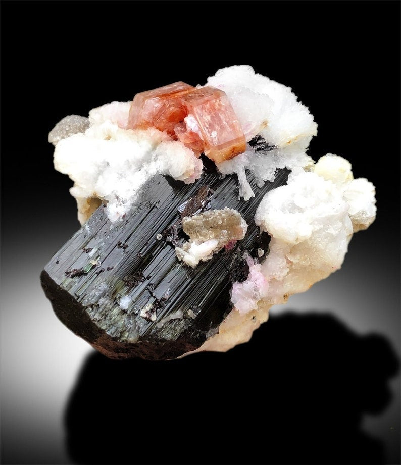 Pink Apatite Crystals with Tantalite, Schorl and Albite Mineral Specimen from Skardu Pakistan, 250 g, 68*61*53 mm