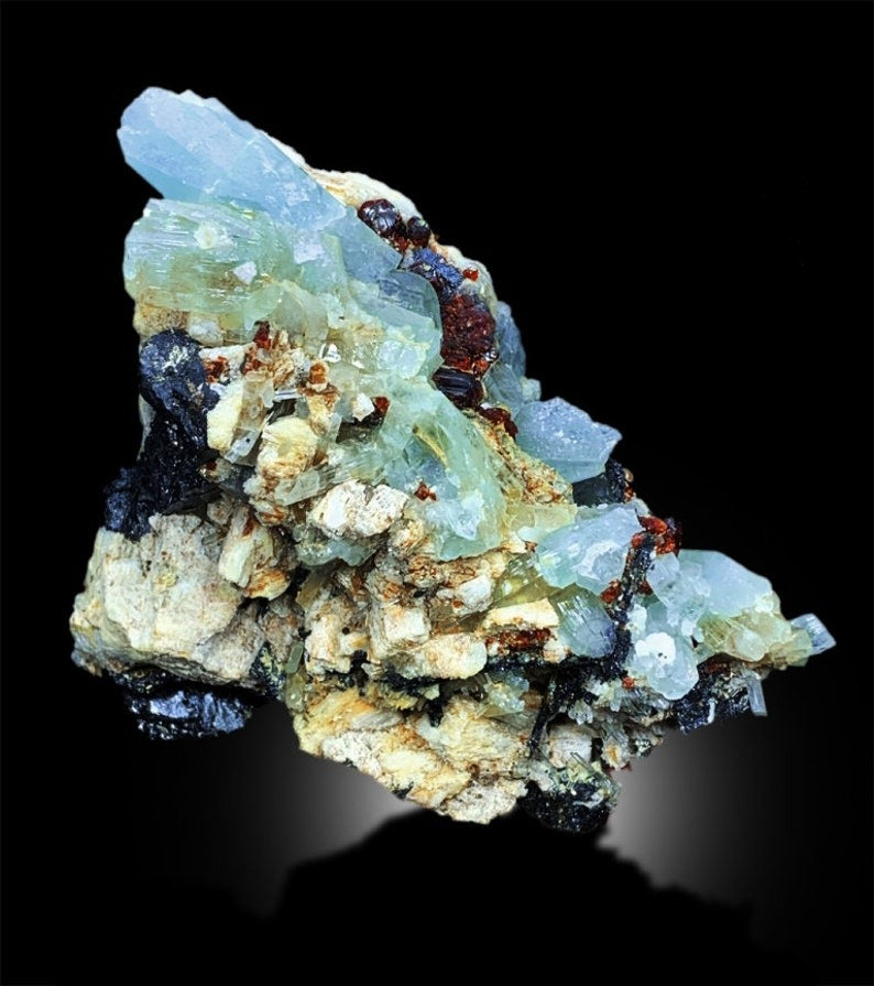 Aquamarine with Red Garnet Crystals And Schorl, Aquamarine Specimen, Garnet Cluster, Combo Specimen, Aquamarine Garnet Specimen