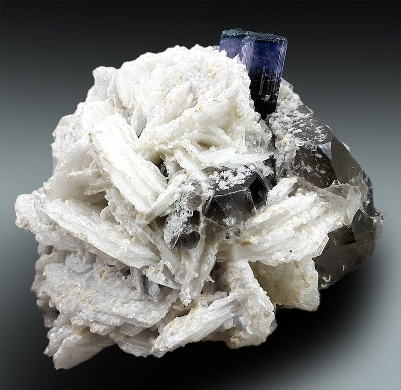 Blue Cap Tourmaline with Smoky Quartz, Cleavlandite and Lepidolite Specimen from Paproke Afghanistan - 645 Gram, 105*98*62 mm