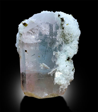 AquaMorganite with Green Tourmalines, Pink Morganite Crystal with Blue Core, Tourmaline cluster, Mineral Specimen, Bicolor Beryl, 54 Gram