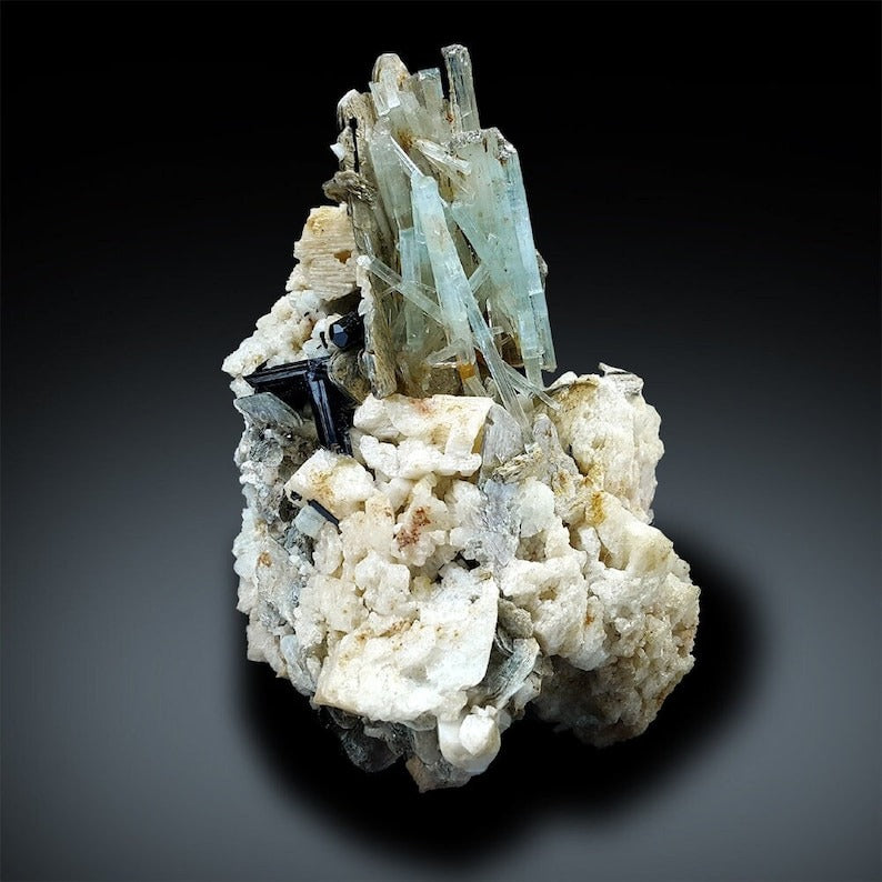 Aquamarine Crystals with Tourmalines Mica and Albite, Natural Aquamarine, Blue Aquamarine, Aquamarine Mineral Specimen 247 Gram