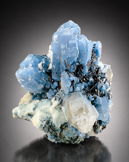 Indicolite Included Quartz Cluster with Black Schorl Tourmaline, Blue Quartz Specimen from Afghanistan, 802 gram
