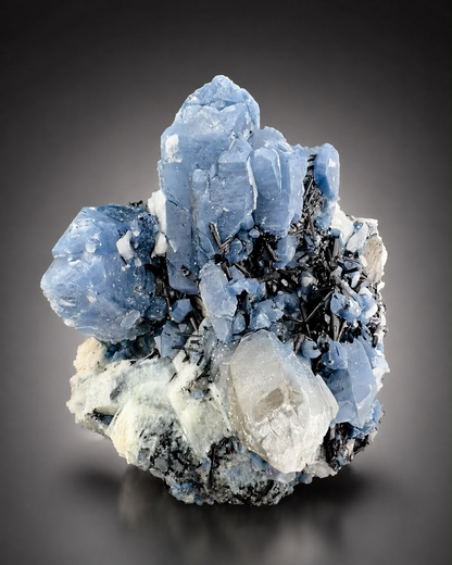 Indicolite Included Quartz Cluster with Black Schorl Tourmaline, Blue Quartz Specimen from Afghanistan, 802 gram