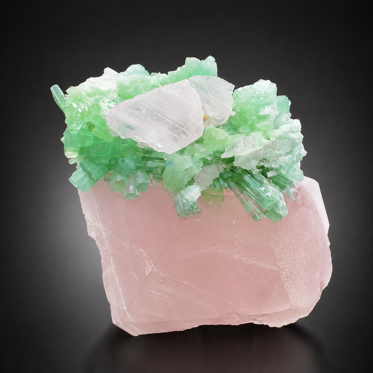 Natural Pink Morganite with Lilac Kunzite and Green Tourmaline Cluster from Afghanistan, 291 gram