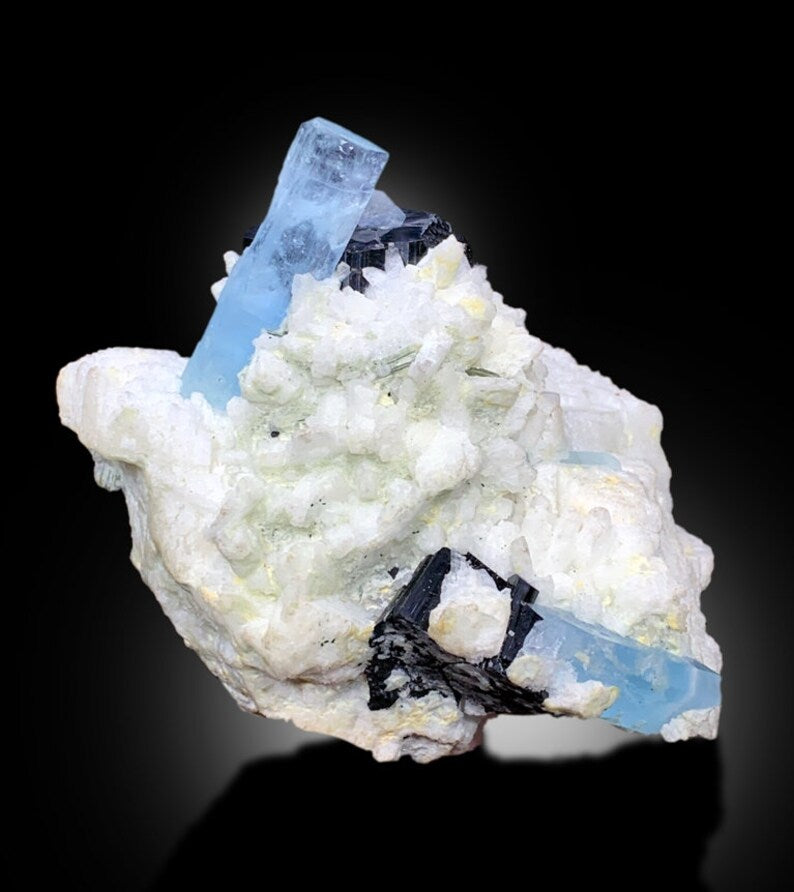 Natural terminated crystal free of chips or damage
Aquamarine schorl albite specimen full view
491 gram aquamarine crystal complete profile
Display ready aquamarine specimen on acrylic stand