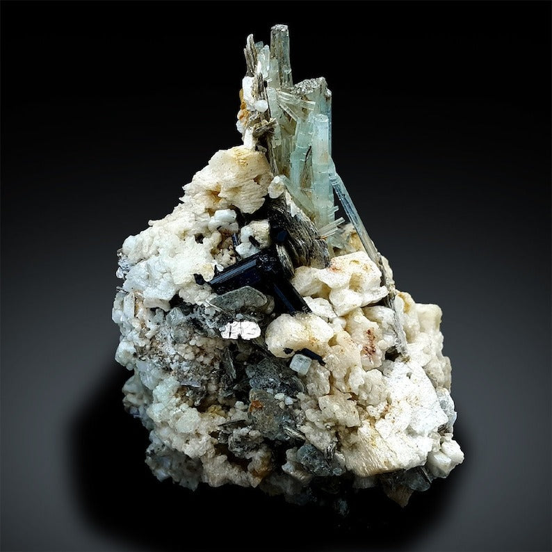 Aquamarine Crystals with Tourmalines Mica and Albite, Natural Aquamarine, Blue Aquamarine, Aquamarine Mineral Specimen 247 Gram