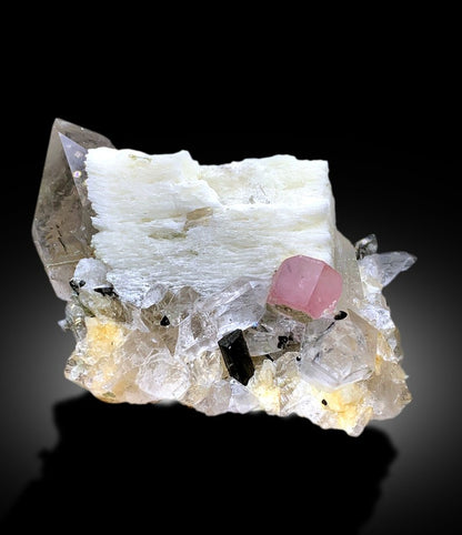 Natural Pink Color Apatite with Smoky Quartz, Black Tourmalines and Feldspar, Mineral Specimen, Raw Mineral, Apatite Specimen - 762 gram