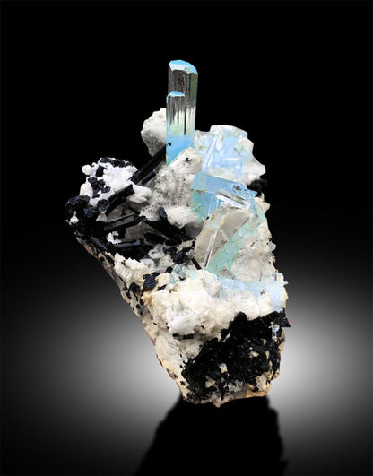 Aquamarine Crystals, Tourmaline Specimen, Aquamarine Specimen, Aquamarines with Schorl, Top Grade Aquamarine Specimen from Skardu, 601g
