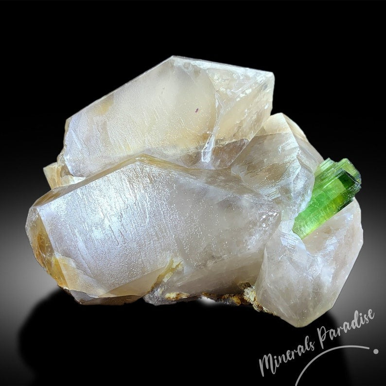 Green Tourmaline Crystal with Smoky Quartz, Natural Tourmaline, Green Color, Mineral Specimen From Paprok 922 Gram