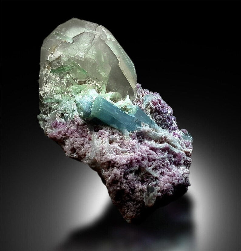 Paraiba Like Tourmalines With Pink Lepidolite and Quartz Mineral Specimen From Afghanistan - 1358 gram