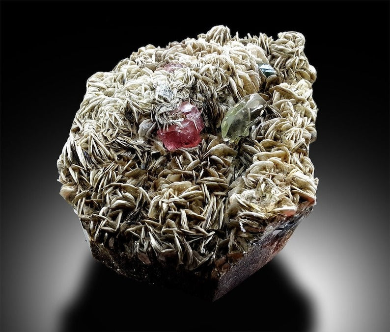 Pink Apatite with Green Fluorite on Muscovite Mica, Pink Apatite, Fluorite Specimen, Apatite Crystal, Aesthetic Specimen, 928 Gram